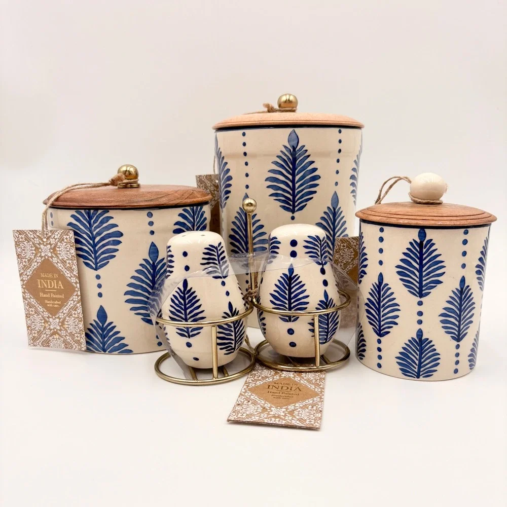 Made in India Blue Floral Leaf Hand Painted Ceramic Canister Set Salt Pepper 5pc